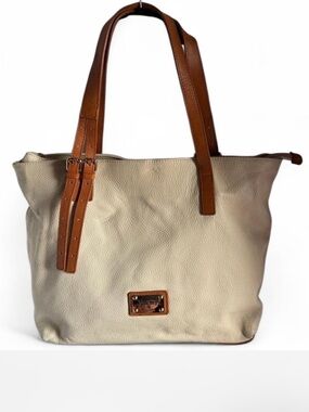 Valentina Cream Pebbled Leather Tote with Brown Straps and Gold Plaque